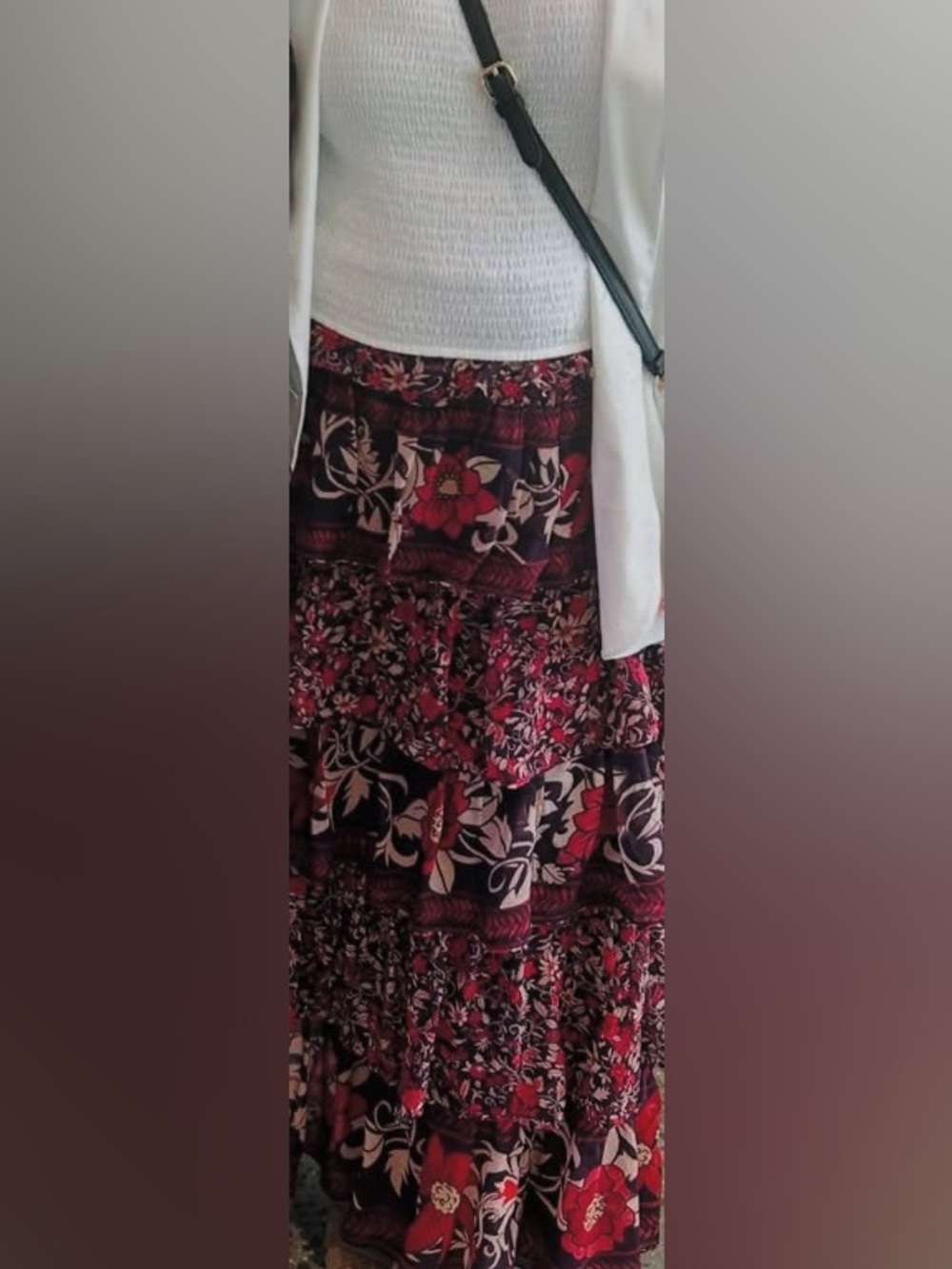 FARM Rio (Saks Fifth Avenue) Tiered Floral Maxi Skirt in Burgundy Red Cream L
